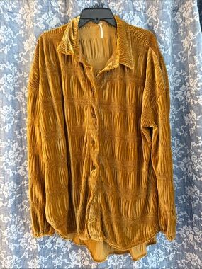 Free People Men's Golden Mustard Velvet Button-Down Shirt